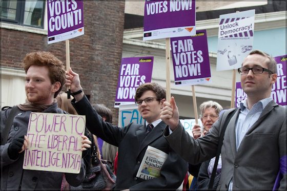 Power to the liberal intelligentsia, electoral reform protest during the 2010 coalition talks, London