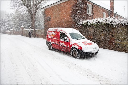 Postman Pat's van in the snow, Hurley village