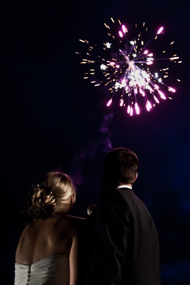 Rebecca and Edwin under fireworks at the end of the evening, Wonersh, Surrey