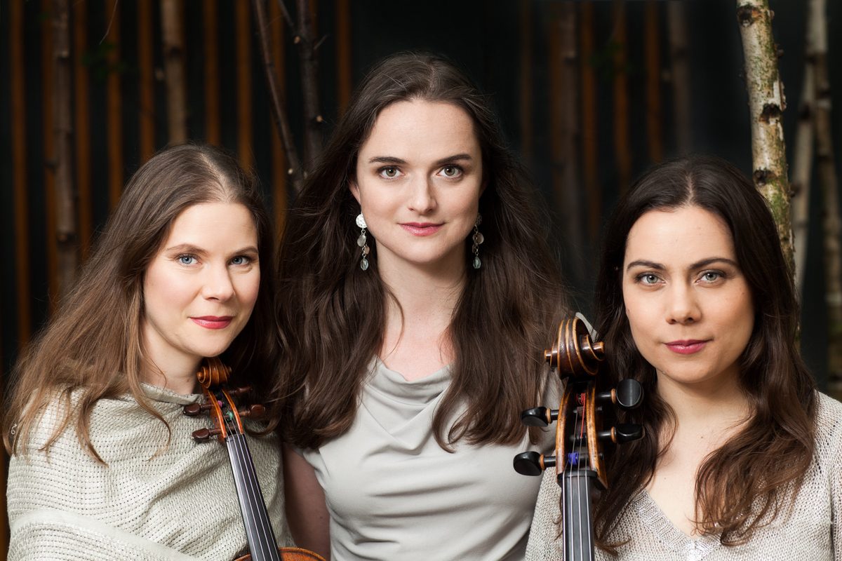 Lawson Trio among trees and wooden sticks, portrait by Mat Smith Photography, near Tate Modern