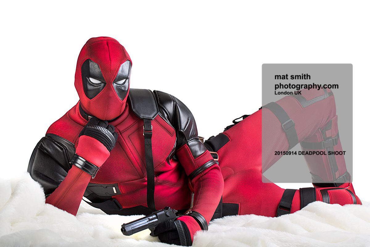 Deadpool photo shoot shaggy fur rug white