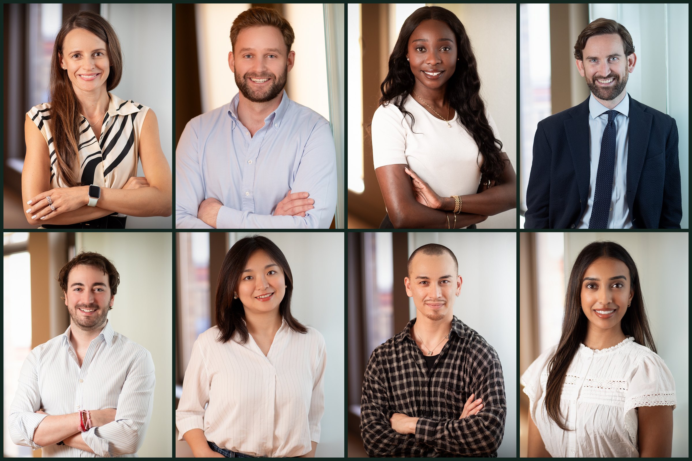 Eight team headshots taken in the same office beside bright windows, corporate headshots by Mat Smith Photography, London