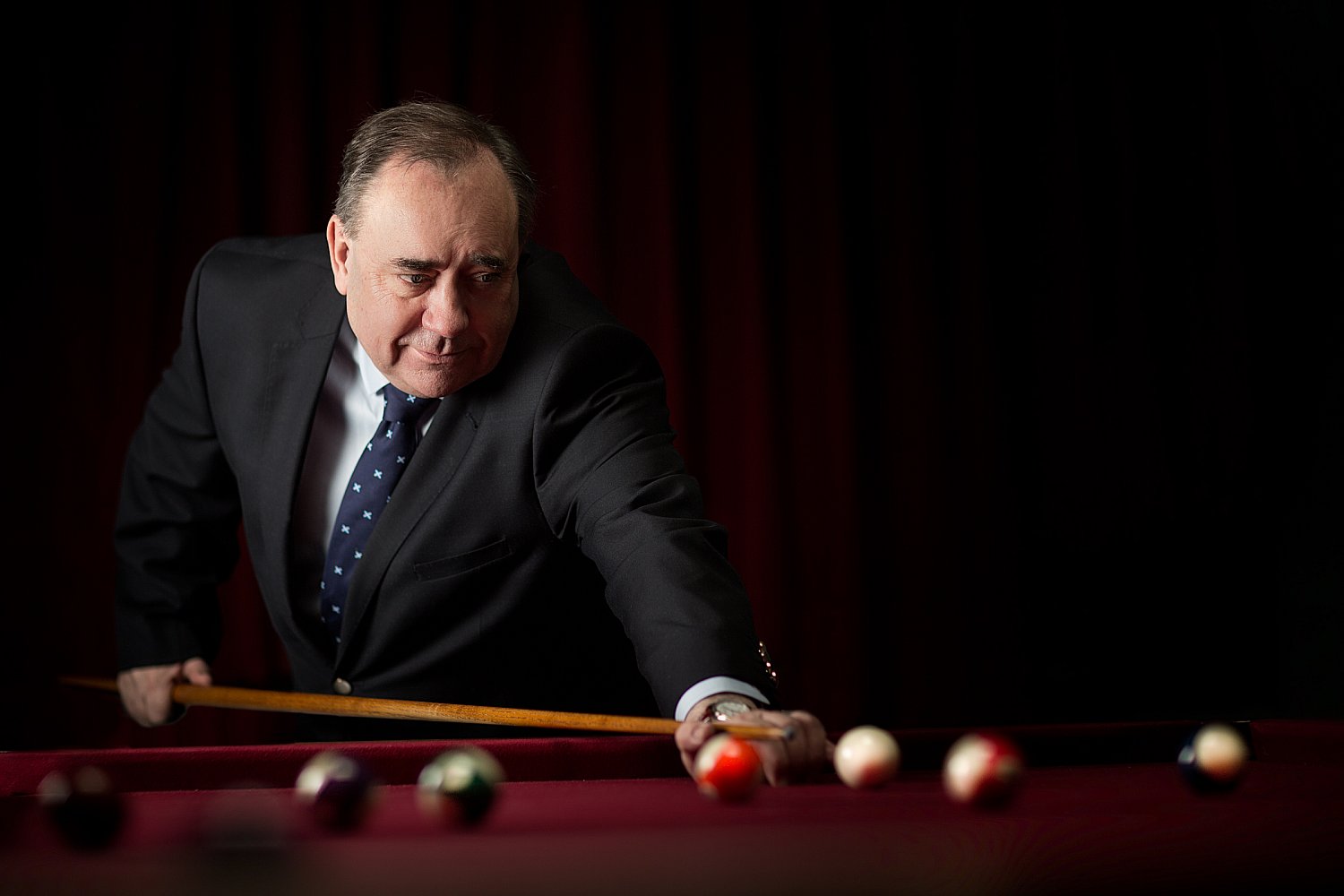 Alex Salmond, former First Minister of Scotland, playing pool, lifestyle portrait by Mat Smith Photography
