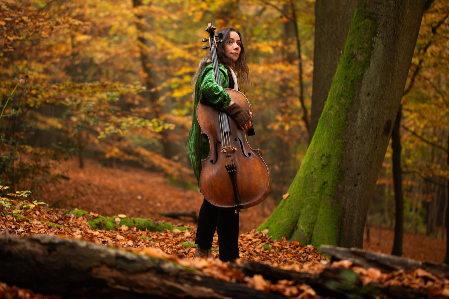 Rebecca Knight, cellist, holding her cello upright and glancing sideways beside a mossy beech tree, portrait by Mat Smith Photography, Chiltern beech woods, Beaconsfield