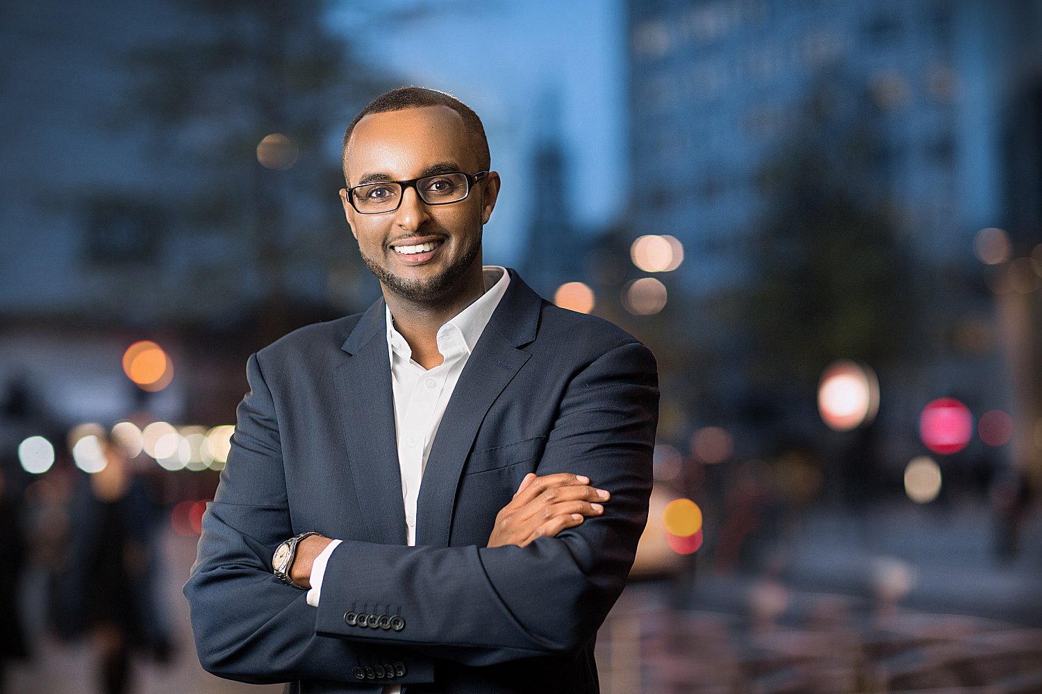Relaxed business portrait at night in the City of London